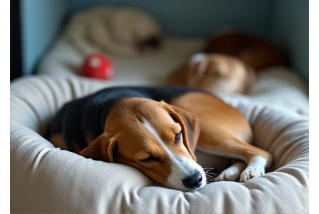 デイケアのリラックススペースで昼寝する犬