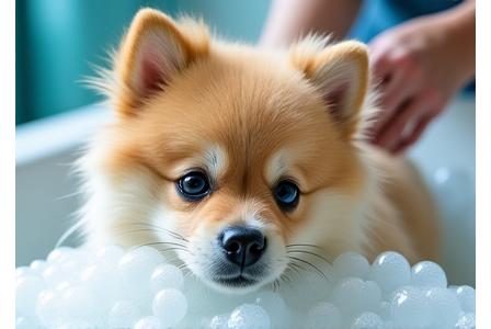 泡風呂を楽しむ小型犬