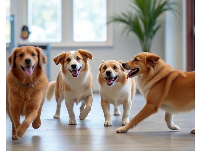 ドッグデイケアで遊ぶ複数の犬の画像