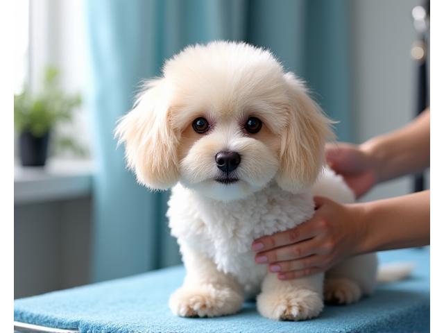 トリミング中の犬とグルーマーの画像