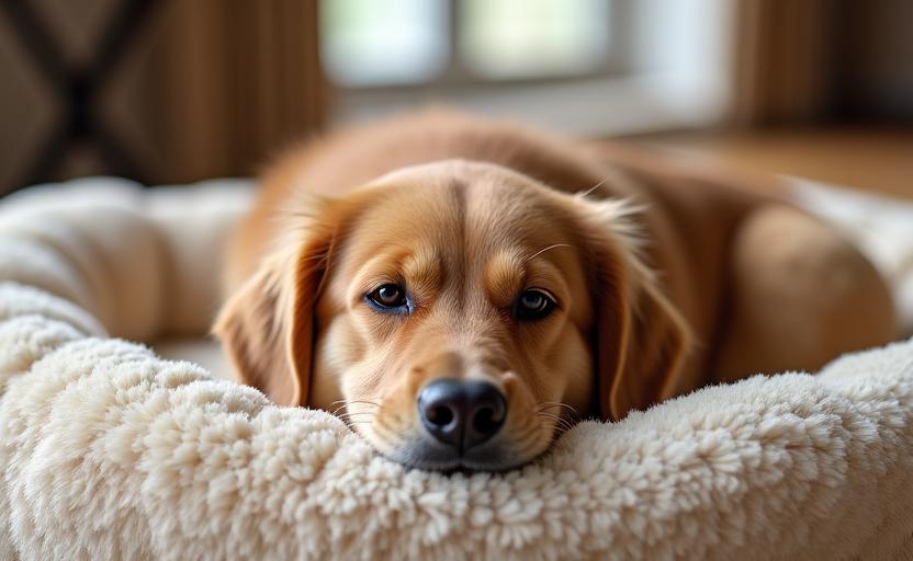 豪華なペット用ベッドでくつろぐ、穏やかな犬のクローズアップ