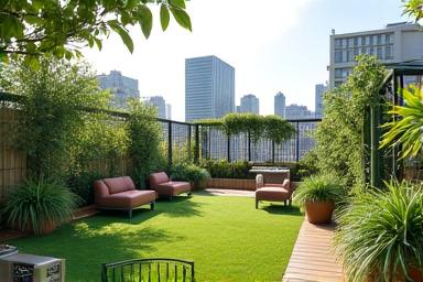 WanMansionの緑豊かな屋上テラス、小型犬が散歩している